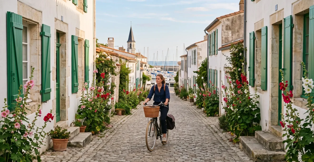 A cyclist rides a quiet whitewashed village street on Île de Ré.