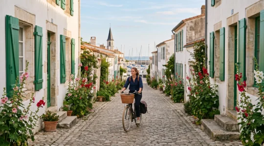 A cyclist rides a quiet whitewashed village street on Île de Ré.