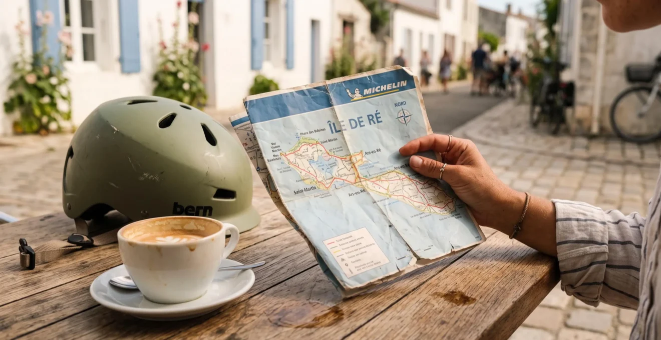 A hand holds a paper map over a café table beside a coffee cup.
