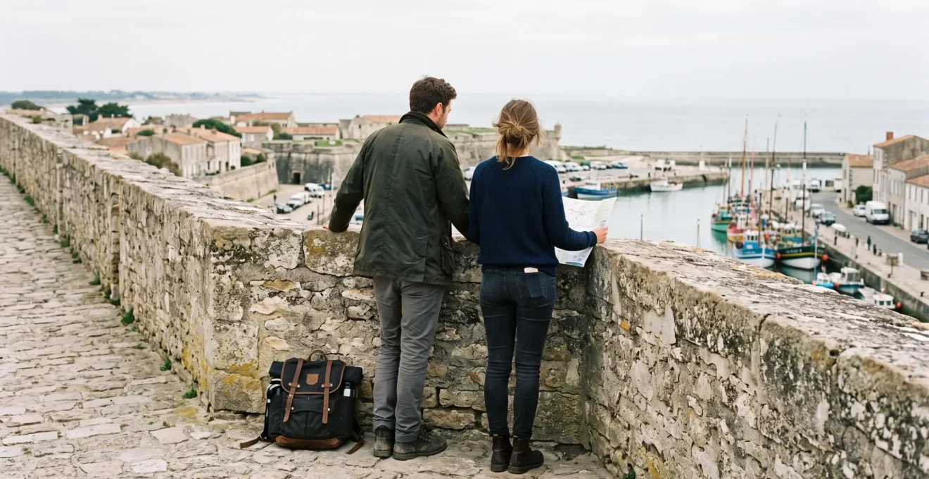 Two visitors study the coastline from an old stone rampart above a harbour.